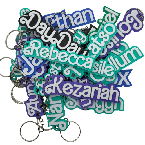 A personalised name keyring printed in a doll-style script
