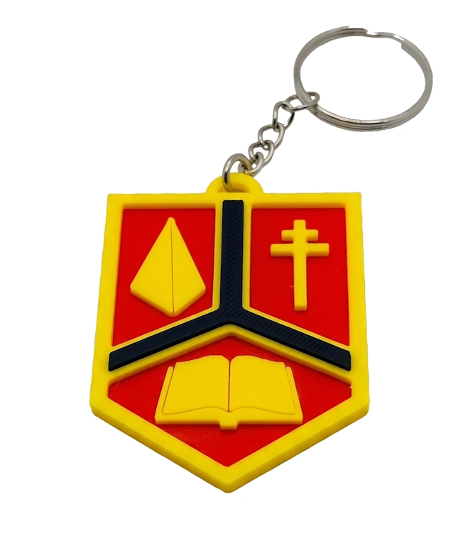 A branded school keyring, 3D printed to order